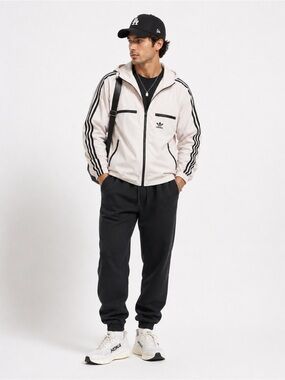 Adidas Y2k Beige/Sand and Black Three-Stripe Zip Windbreaker